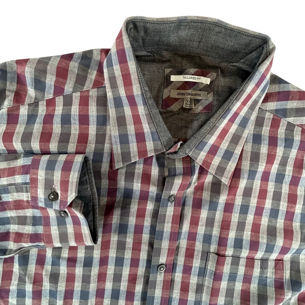 Johnston & Murphy Shirt Mens XXL Burgundy Blue Plaid Tailored Fit 100% Cotton